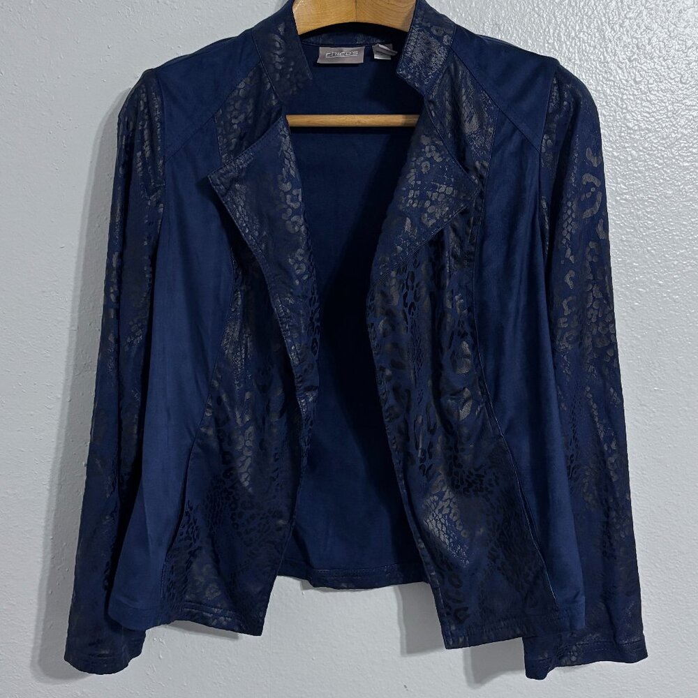 Chico's Navy Shiny Snakeskin Soft Suede Open Front L/S Jacket Size 1- Medium M